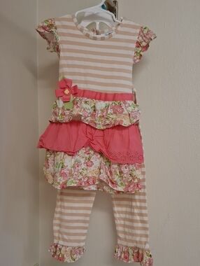 Girls Pink Floral Tiered Matching Set with Striped Leggings